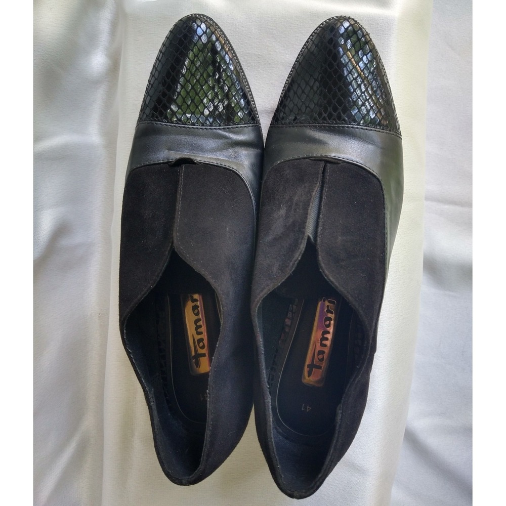 Tamaris Snakeskin Black Leather Suede Loafers Half Zipper Edgy Retro Dandy 41 10 - Picture 5 of 6